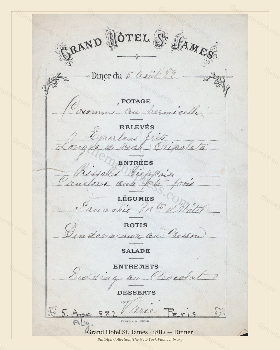 Vintage menu preview — 1882 Vintage Dinner Menu — Grand Hotel St. James, Manhattan Gilded Age Banquet (