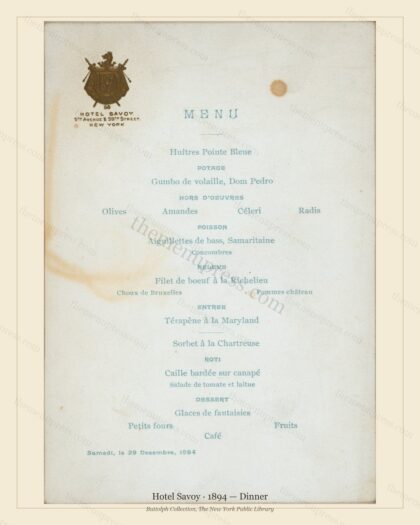 Vintage menu preview — 1894 Vintage Dinner Menu — Hotel Savoy, Manhattan Gilded Age Banquet (Complete 2
