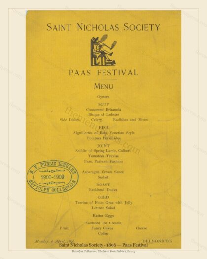 Vintage menu preview — 1896 Vintage Banquet Menu — Saint Nicholas Society, Manhattan Gilded Age Banquet