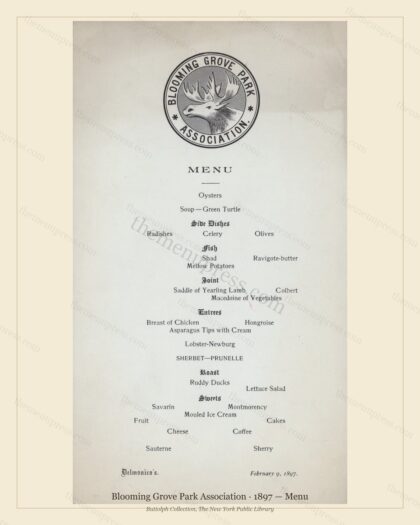 Vintage menu preview — 1897 Vintage Banquet Menu — Blooming Grove Park Association, Manhattan Gilded Ag