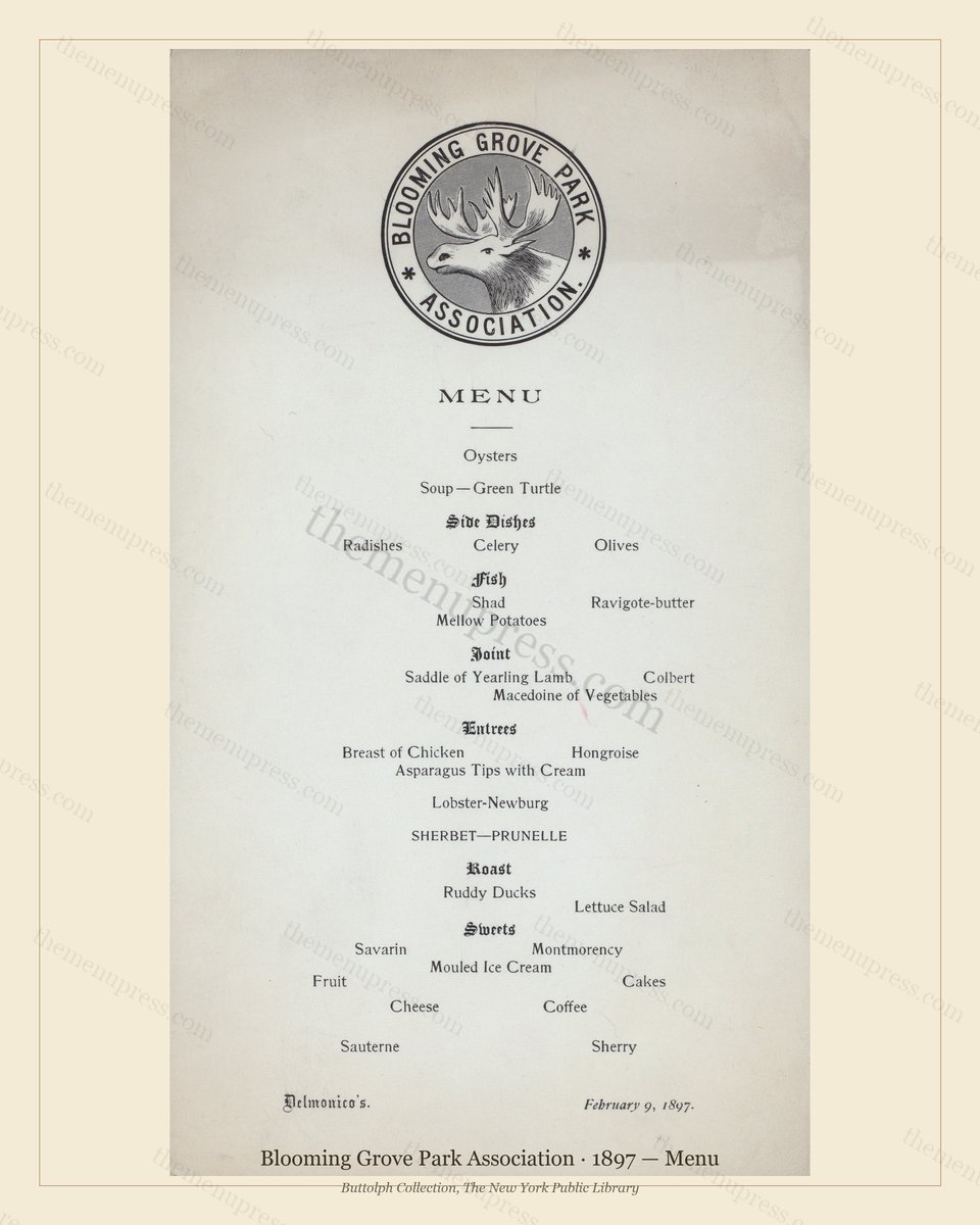 Vintage menu preview — 1897 Vintage Banquet Menu — Blooming Grove Park Association, Manhattan Gilded Ag