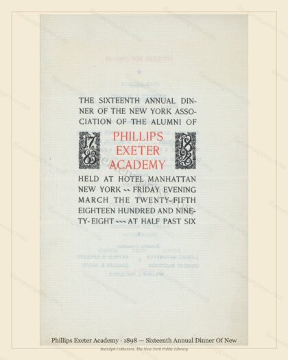 Vintage menu preview — 1898 Vintage Dinner Menu — Phillips Exeter Academy, Manhattan Gilded Age Banquet