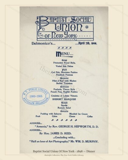 Vintage menu preview — 1898 Vintage Dinner Menu — Baptist Social Union of New York, Manhattan Gilded Ag
