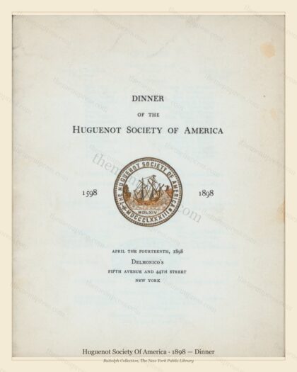 Vintage menu preview — 1898 Vintage Dinner Menu — Huguenot Society of America, Manhattan Gilded Age Ban