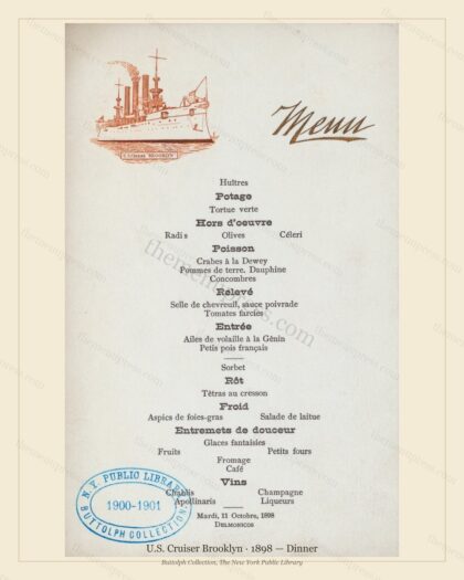 Vintage menu preview — 1898 Vintage Dinner Menu — U.S. Cruiser Brooklyn, Manhattan Gilded Age Banquet (