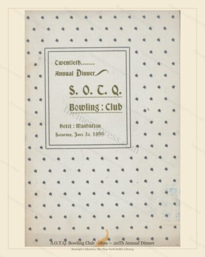 Vintage menu preview — 1899 Vintage Dinner Menu — S.O.T.Q. Bowling Club, Manhattan Gilded Age Banquet (