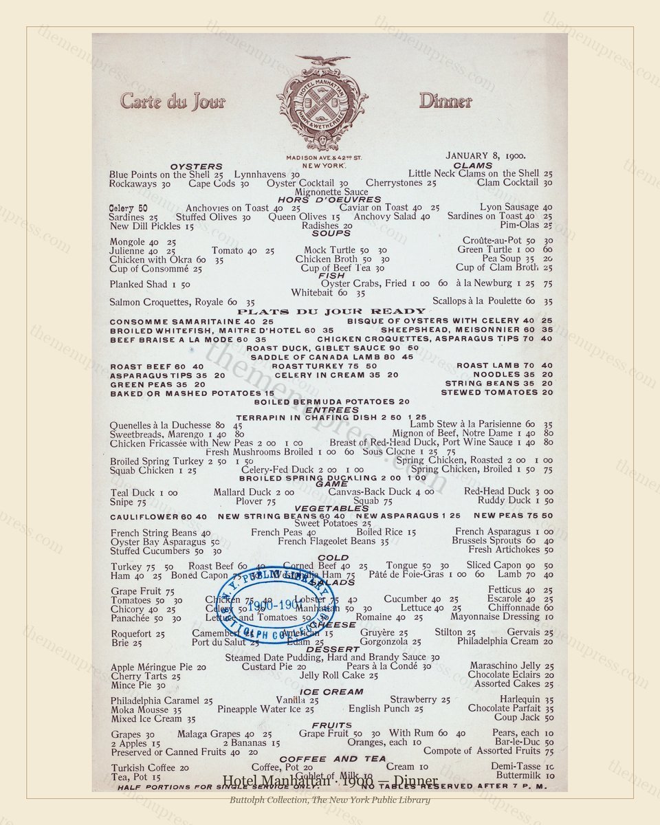 Vintage menu preview — 1900 Vintage Dinner Menu — Hotel Manhattan, Manhattan Gilded Age Banquet (Comple