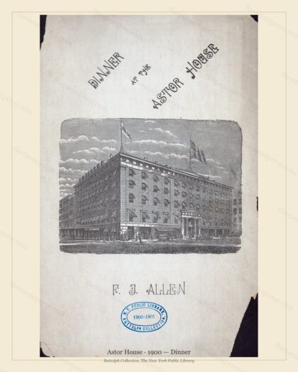 Vintage menu preview — 1900 Vintage Dinner Menu — Astor House, Manhattan Gilded Age Banquet