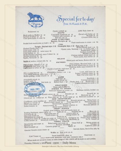 Vintage menu preview — 1900 Vintage Banquet Menu — Plaza, Manhattan Gilded Age Banquet (Complete 2-Page