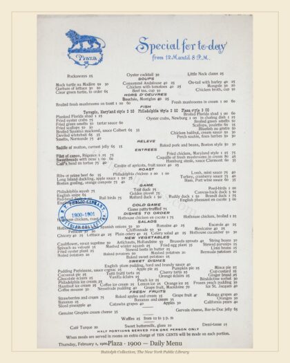 1900 Vintage Banquet Menu — Plaza, Manhattan Gilded Age Banquet — preview image