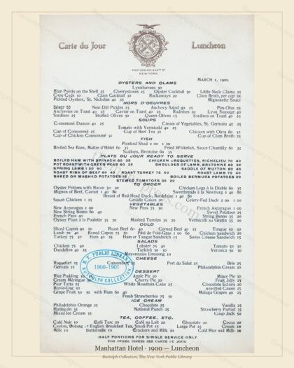 Vintage menu preview — 1900 Vintage Lunch Menu — Manhattan Hotel, Manhattan Gilded Age Banquet (Complet