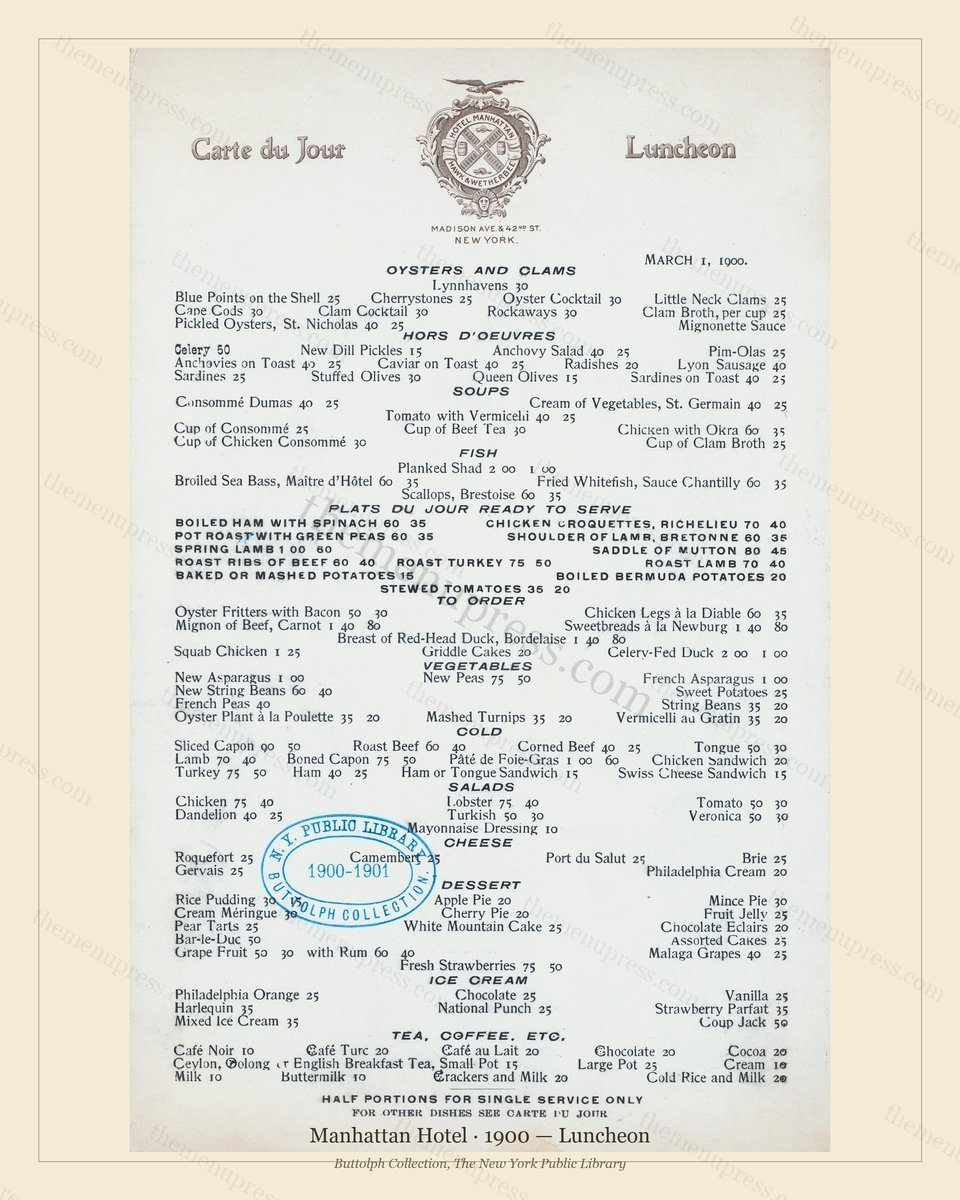 Vintage menu preview — 1900 Vintage Lunch Menu — Manhattan Hotel, Manhattan Gilded Age Banquet (Complet