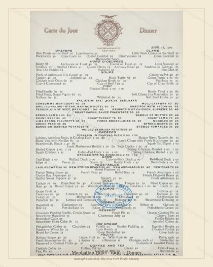 Vintage menu preview — 1900 Vintage Dinner Menu — Manhattan Hotel, Manhattan Gilded Age Banquet (Comple