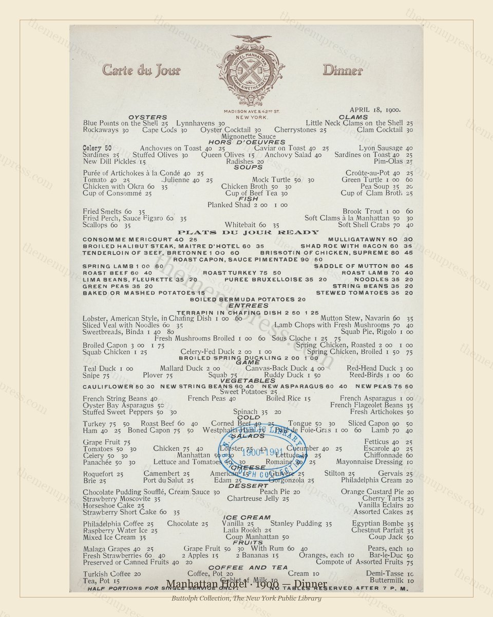 Vintage menu preview — 1900 Vintage Dinner Menu — Manhattan Hotel, Manhattan Gilded Age Banquet (Comple