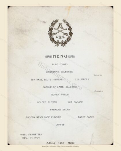 Vintage menu preview — 1900 Vintage Banquet Menu — A.U.S.V, Manhattan Gilded Age Banquet (Complete 2-Pa