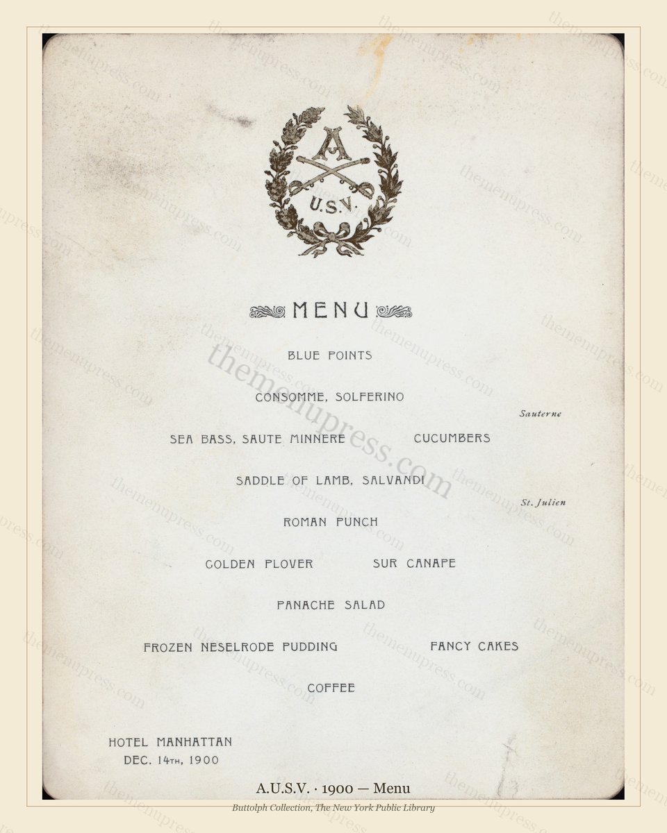 Vintage menu preview — 1900 Vintage Banquet Menu — A.U.S.V, Manhattan Gilded Age Banquet (Complete 2-Pa