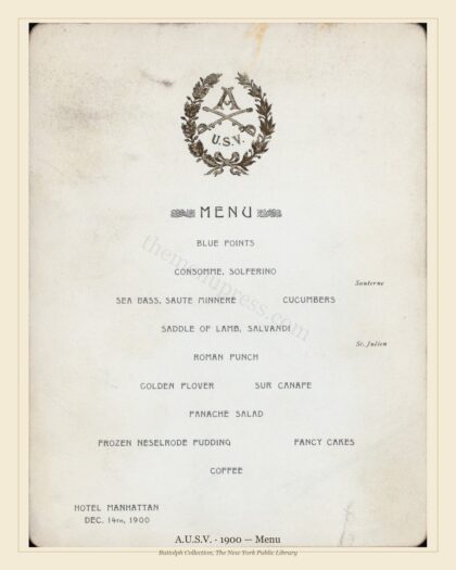 1900 Vintage Banquet Menu — A.U.S.V, Manhattan Gilded Age Banquet — preview image