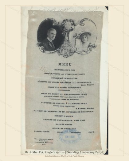 Vintage menu preview — 1901 Vintage Wedding Menu — Mr. & Mrs. F.A. Ringler, Manhattan Gilded Age Ba