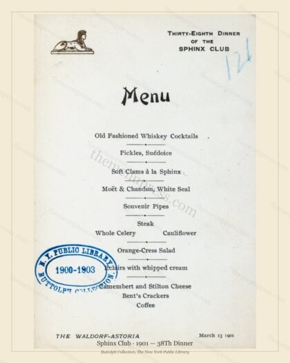 Vintage menu preview — 1901 Vintage Dinner Menu — Sphinx Club, Manhattan Gilded Age Banquet (Complete 2