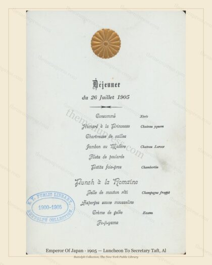Vintage menu preview — 1905 Vintage Lunch Menu — Emperor of Japan, Manhattan Gilded Age Banquet (Comple