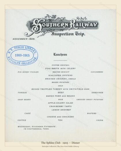 Vintage menu preview — 1905 Vintage Dinner Menu — The Sphinx Club, Manhattan Gilded Age Banquet