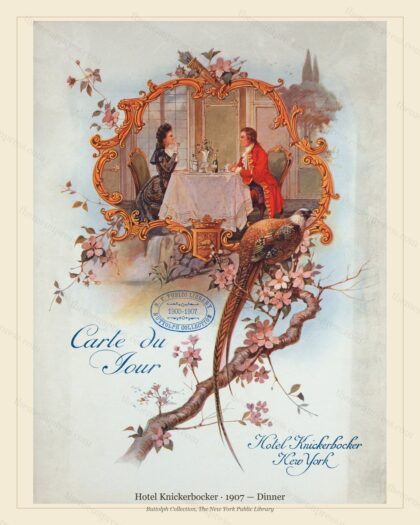 Vintage menu preview — 1907 Vintage Dinner Menu — Hotel Knickerbocker, Manhattan Gilded Age Banquet (Co