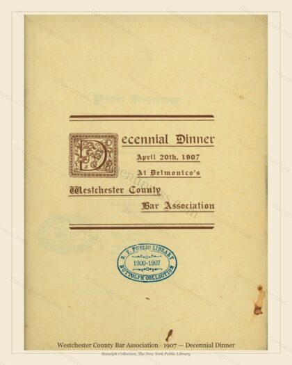 Vintage menu preview — 1907 Vintage Dinner Menu — Westchester County Bar Association, Manhattan Gilded