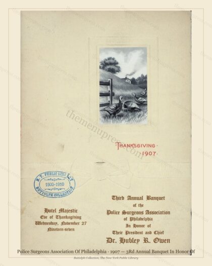 Vintage menu preview — 1907 Vintage Banquet Menu — Police Surgeons Association of Philadelp, Manhattan
