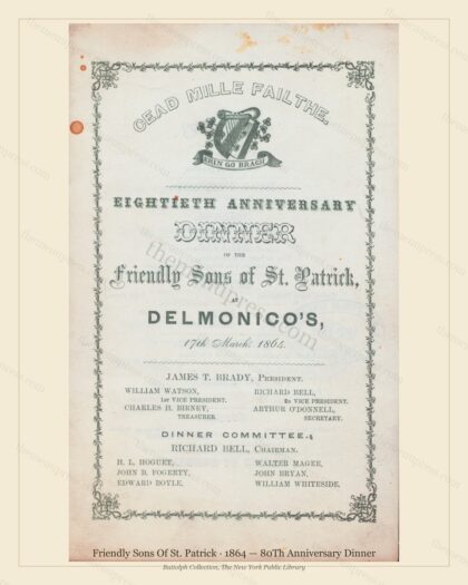 Vintage menu preview — 1864 Vintage Dinner Menu — Friendly Sons of St. Patrick, Manhattan Gilded Age Ba