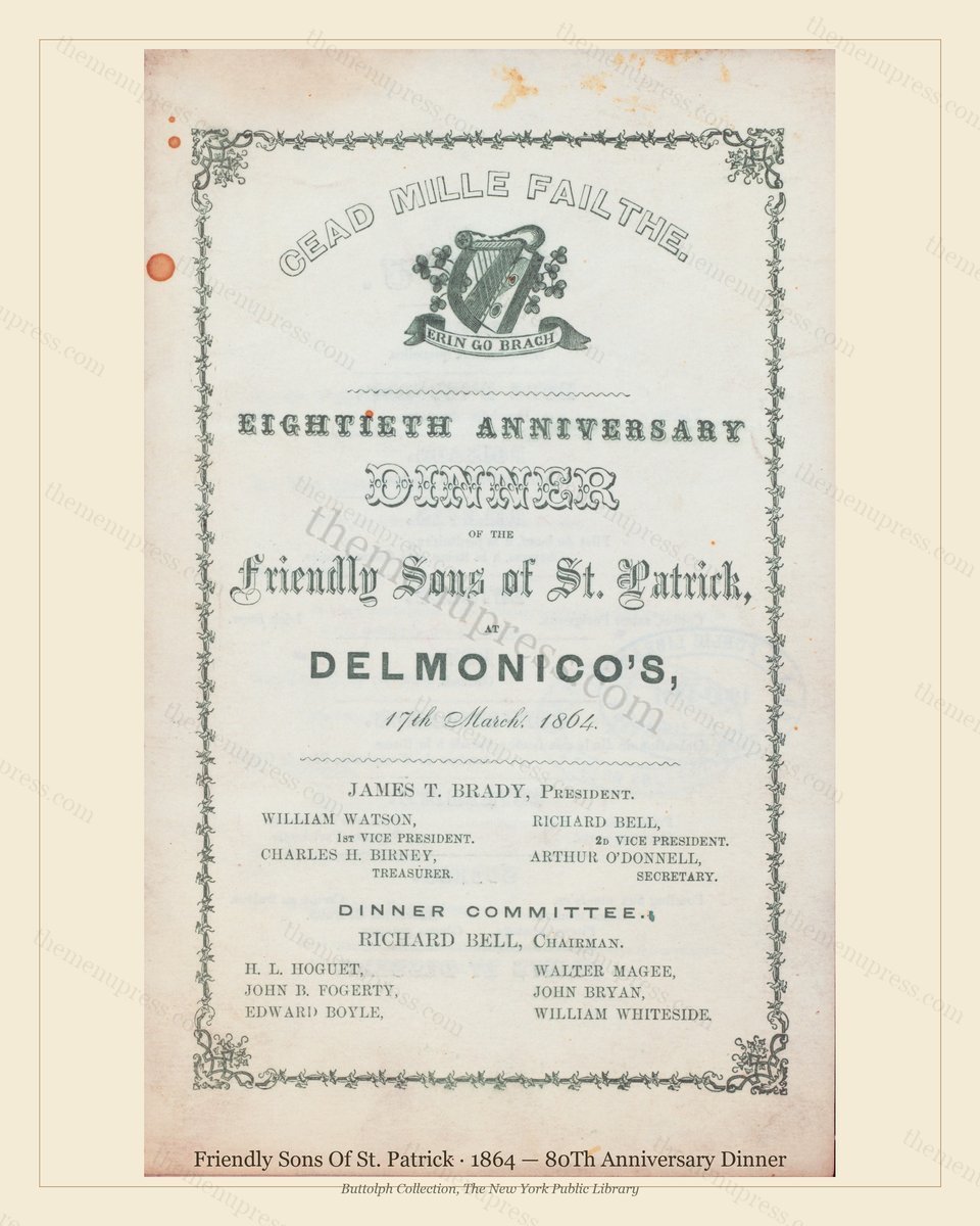 Vintage menu preview — 1864 Vintage Dinner Menu — Friendly Sons of St. Patrick, Manhattan Gilded Age Ba