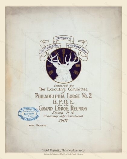 Vintage menu preview — Hotel Majestic, Philadelphia · B.P.O.E. Grand Lodge Reunion · 1907
