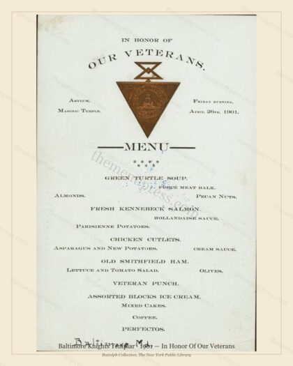 Vintage menu preview — 1901 Vintage Banquet Menu — Baltimore Knights Templar, American Military Banquet