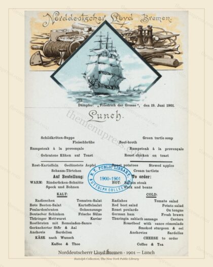 Vintage menu preview — 1901 Vintage Lunch Menu — Norddeutscherrr Lloyd Bremen, American Military Banque