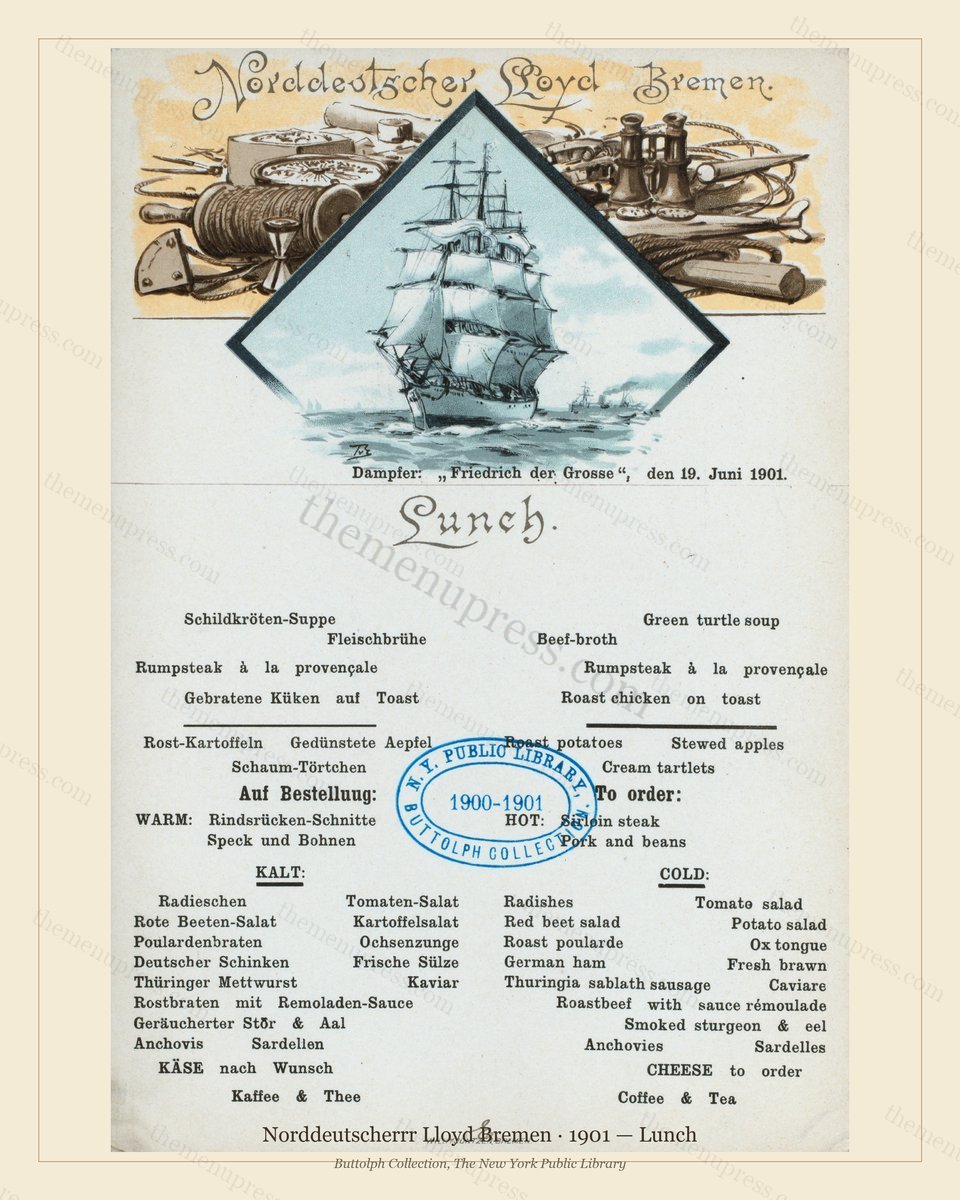 Vintage menu preview — 1901 Vintage Lunch Menu — Norddeutscherrr Lloyd Bremen, American Military Banque