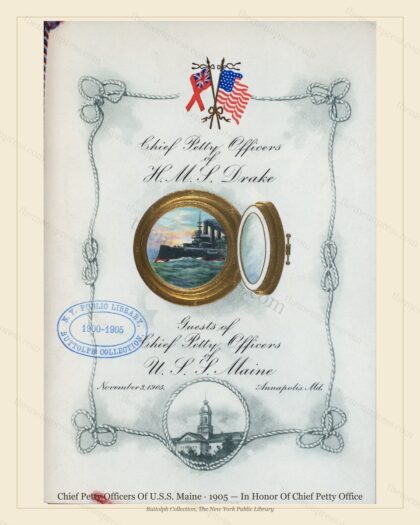 Vintage menu preview — 1905 Vintage Banquet Menu — Chief Petty Officers of U.S.S. Maine, American Milit