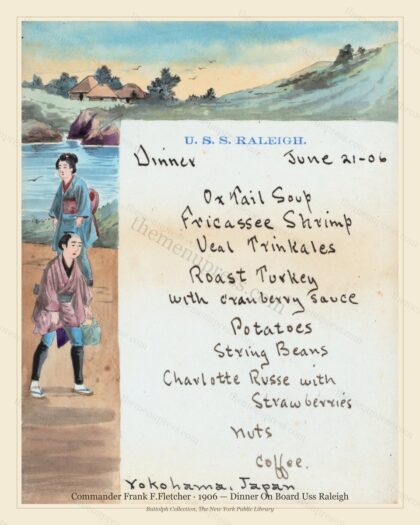 Vintage menu preview — 1906 Vintage Dinner Menu — Commander Frank F.Fletcher, American Military Banquet