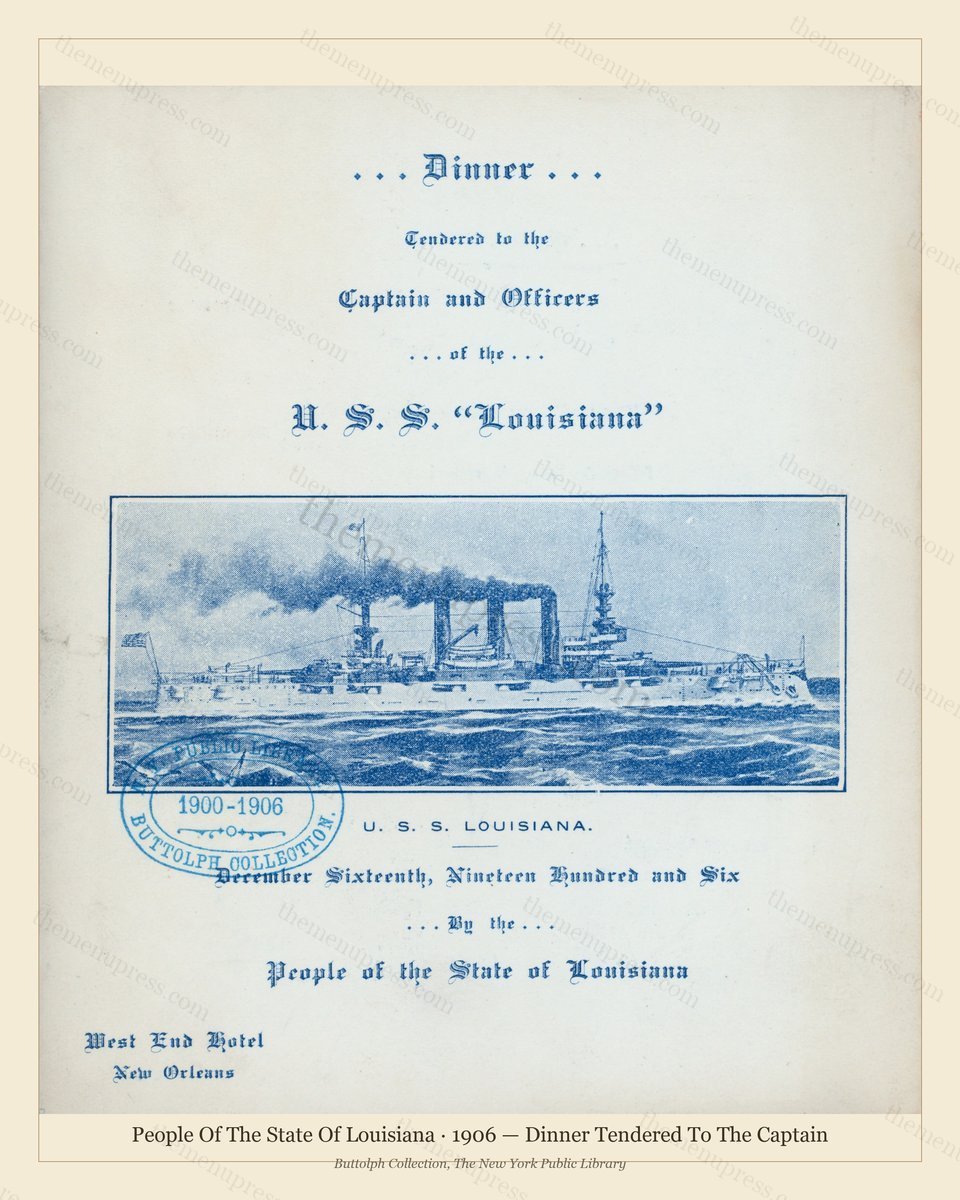 Vintage menu preview — 1906 Vintage Dinner Menu — People of the State of Louisiana, American Military B