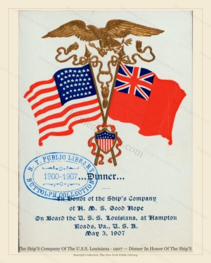 Vintage menu preview — 1907 Vintage Dinner Menu — The Ship'S Company of the U.S.S. Louisia, American Mi