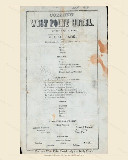 Vintage menu preview — 1852 Vintage Banquet Menu — Cozzens' West Point Hotel, American Military Banquet