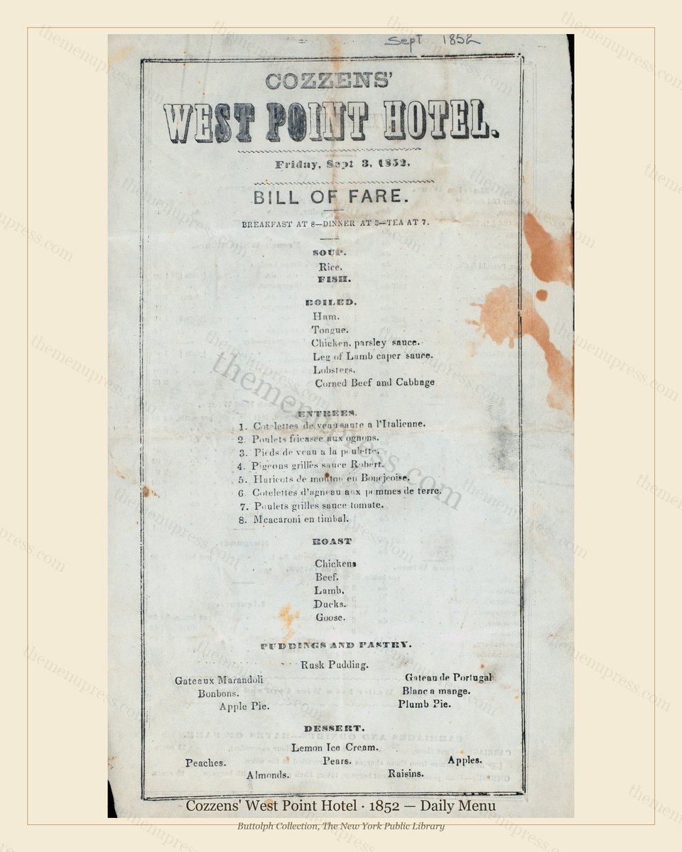 Vintage menu preview — 1852 Vintage Banquet Menu — Cozzens' West Point Hotel, American Military Banquet