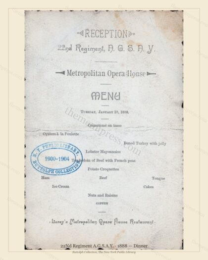 Vintage menu preview — 1888 Vintage Dinner Menu — 22Nd Regiment A.G.S.A.Y, American Military Banquet (C