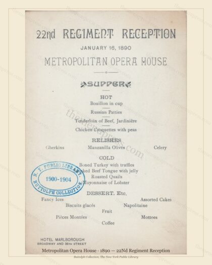 Vintage menu preview — 1890 Vintage Banquet Menu — Metropolitan Opera House, American Military Banquet