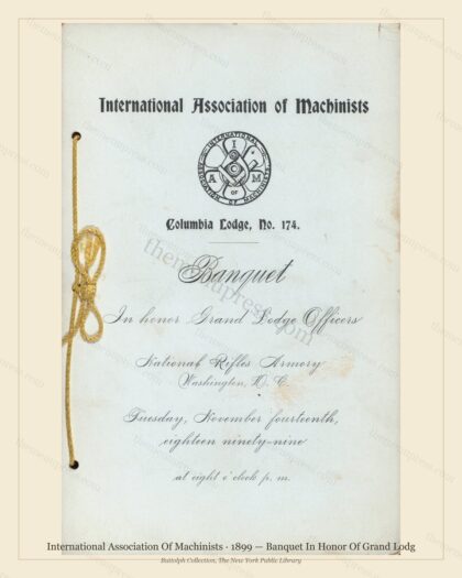 Vintage menu preview — 1899 Vintage Banquet Menu — International Association of Machinists, American Mi