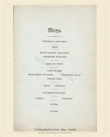 Vintage menu preview — 1899 Vintage Lunch Menu — U.S.Flagship New York, American Naval Banquet (Complet