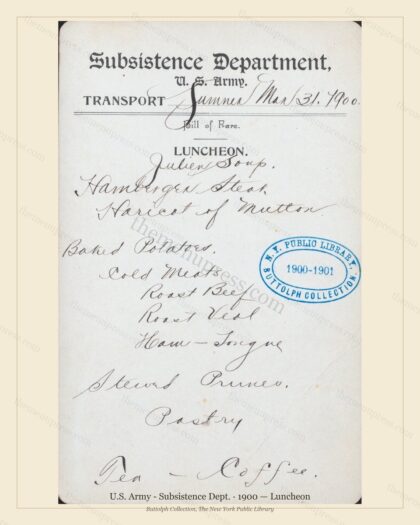 Vintage menu preview — 1900 Vintage Lunch Menu — U.S. Army - Subsistence Dept, American Military Banque