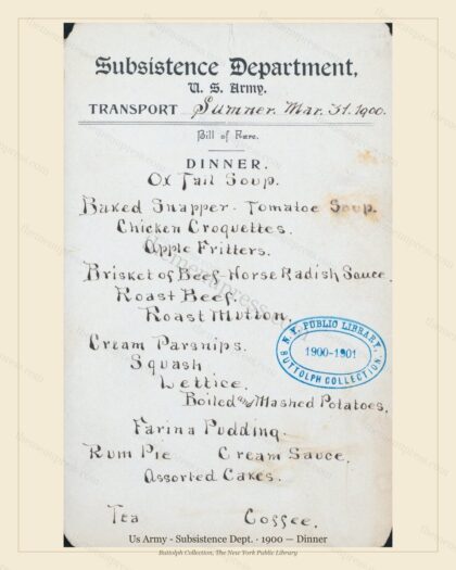 Vintage menu preview — 1900 Vintage Dinner Menu — Us Army - Subsistence Dept, American Military Banquet