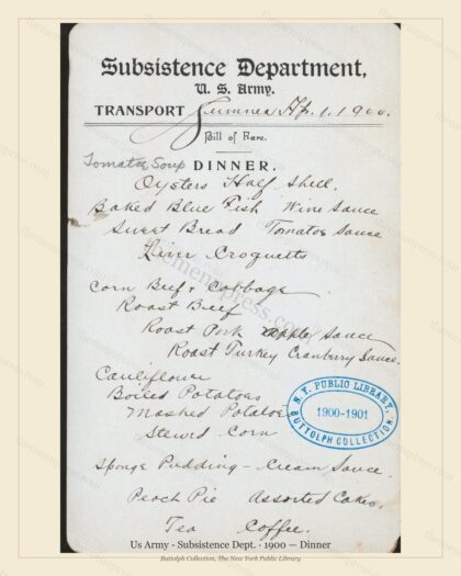 Vintage menu preview — 1900 Vintage Dinner Menu — Us Army - Subsistence Dept, American Military Banquet