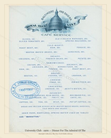 Vintage menu preview — 1900 Vintage Dinner Menu — University Club, American Military Banquet (Complete