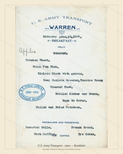 Vintage menu preview — 1900 Vintage Breakfast Menu — U.S. Army Transport, American Military Banquet (Co