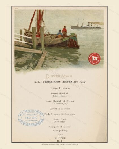 Vintage menu preview — Red Star Line · S.S. Vaderland · 1910